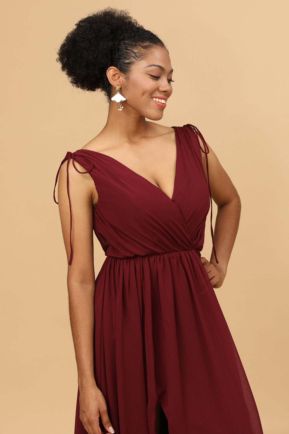 Burgundy V-Neck Lace Up Bridesmaid Dress With Slit