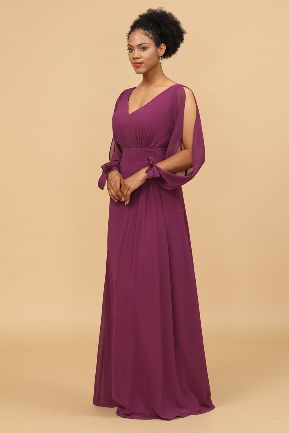 Purple Long Sleeves Cold Shoulder Bridesmaid Dress