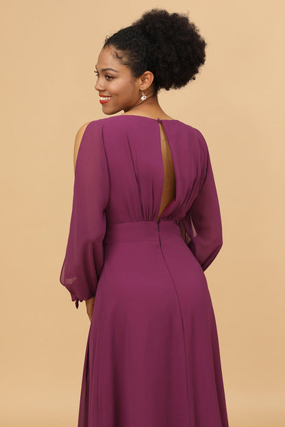 Purple Long Sleeves Cold Shoulder Bridesmaid Dress