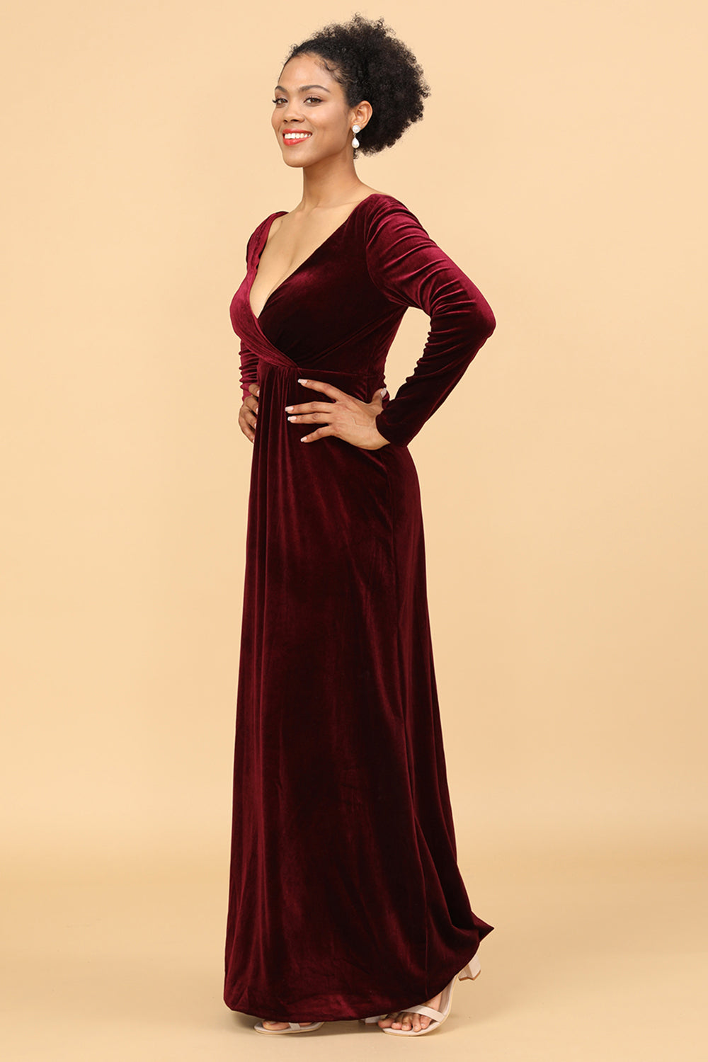 Sheath Burgundy Deep V-Neck Long Sleeves Velvet Bridesmaid Dress