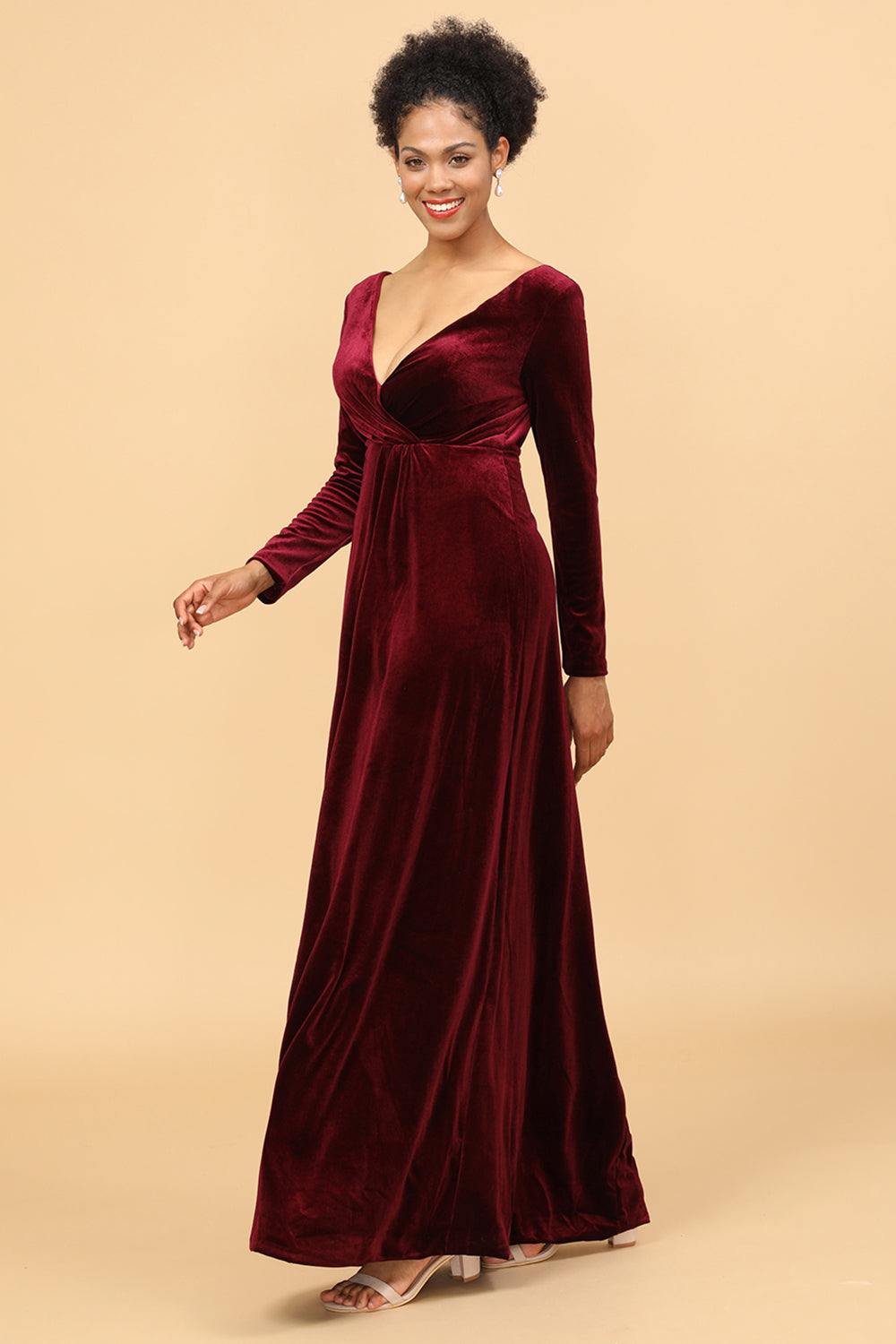 Sheath Burgundy Deep V-Neck Long Sleeves Velvet Bridesmaid Dress