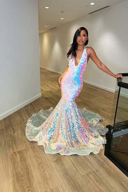 edgynewlook Halter Neck Sequins Sleeveless Mermaid Princess Prom Dress Sleeveless Laser Light Trumpet