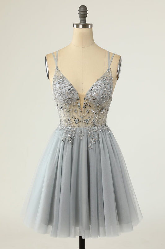 Gorgeous A Line Spaghetti Straps Grey Short Homecoming Dress with Beading