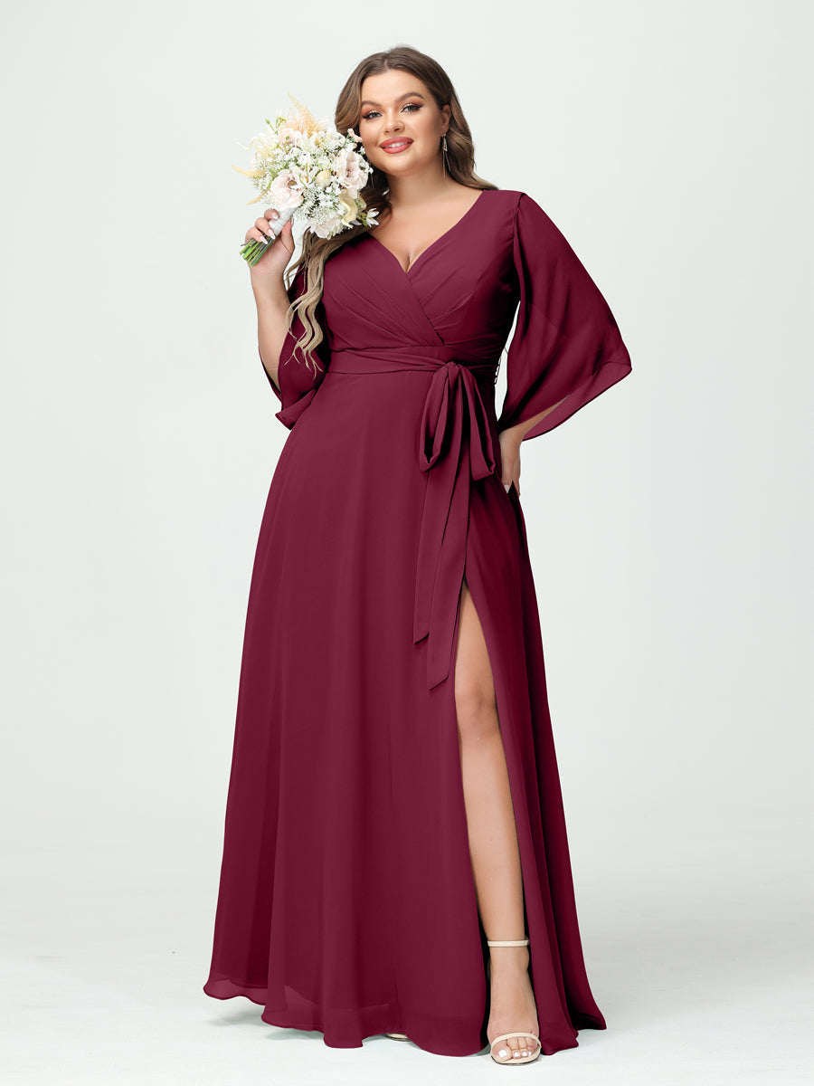 A-Line/Princess/Princess V-Neck Long Sleeves Chiffon Plus Size Bridesmaid Dresses With Pockets Belt & Split Side