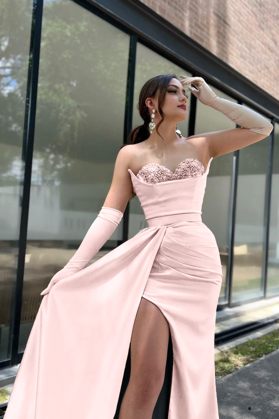 Prom Dress With Sleeves Champagne Sweetheart High Slit YL0248