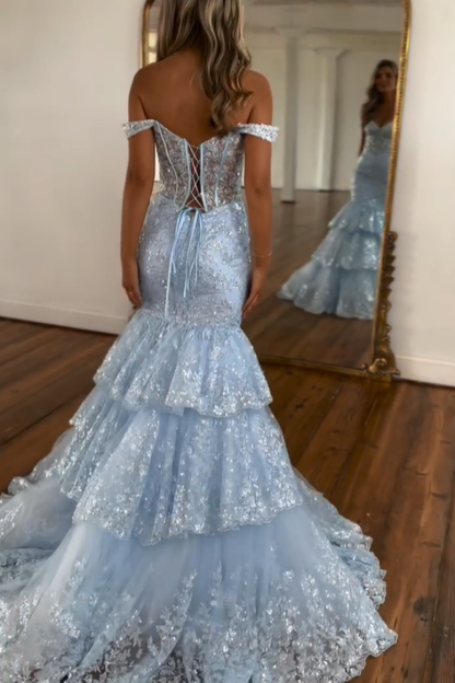 Lovely Light Blue Off-The-Shoulder Appliques Mermaid Prom Dress ZT0566