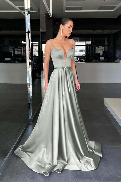 Spaghetti-Straps Long Prom Dress A Line With Belt ED0011