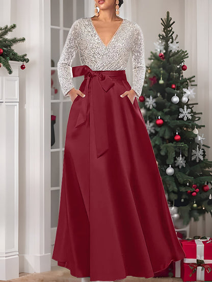 A-Line/Princess V-Neck Long Sleeves Floor-Length Mother of the Bride Dresses With Pocket & Sequins