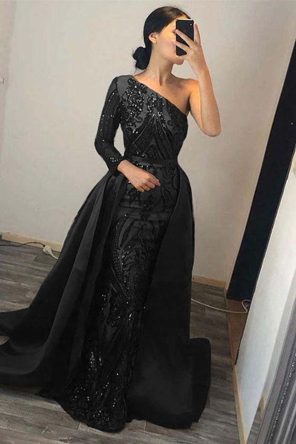 edgynewlook Dark Green Overskirt One Shoulder Long Sleeve Mermaid Prom Dress With Sequins