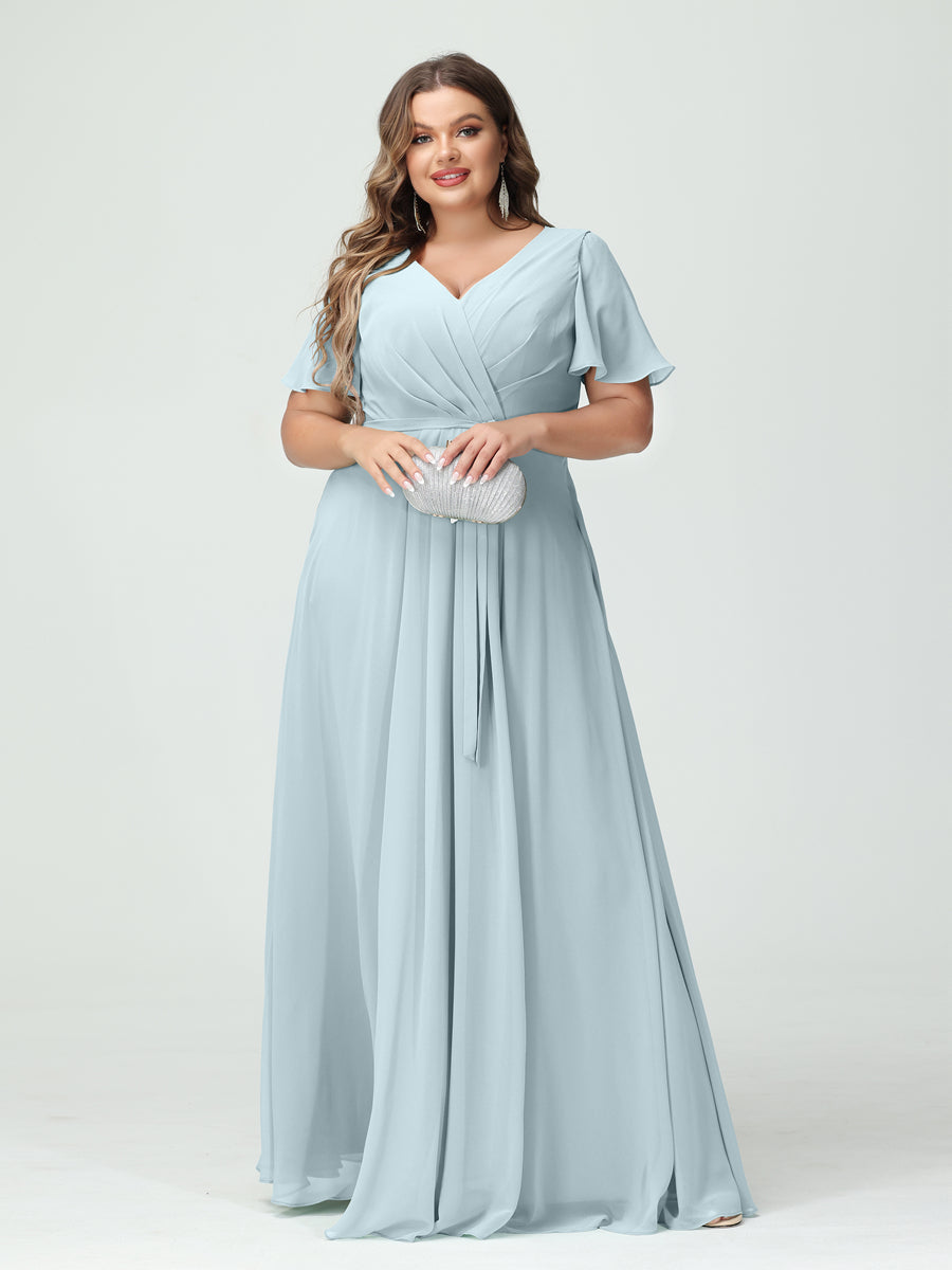 A-Line/Princess V-Neck Short Sleeves Plus Size Bridesmaid Dresses with Pockets Belt & Split Side