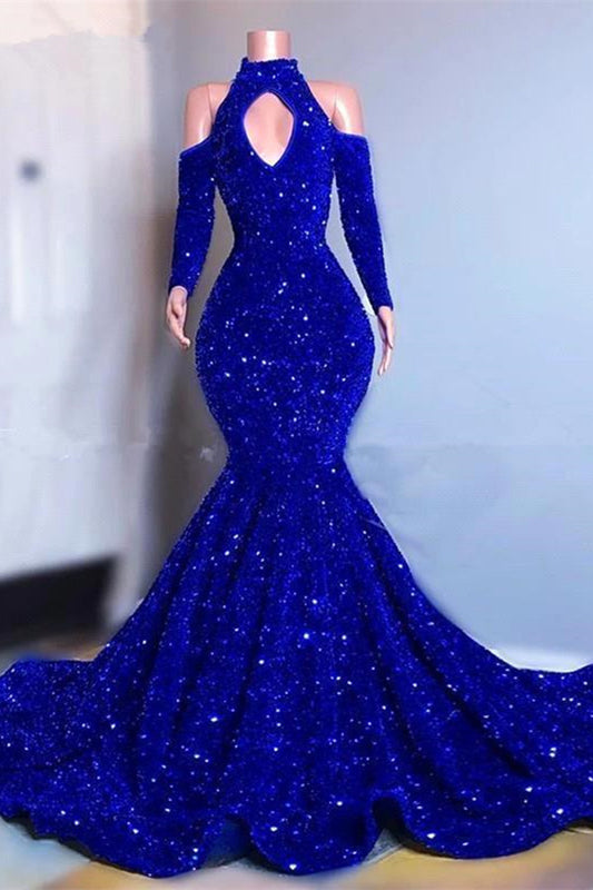 Royal Blue Long Sleeves Mermaid Long Prom Dress High Collar With Sequins PD0673