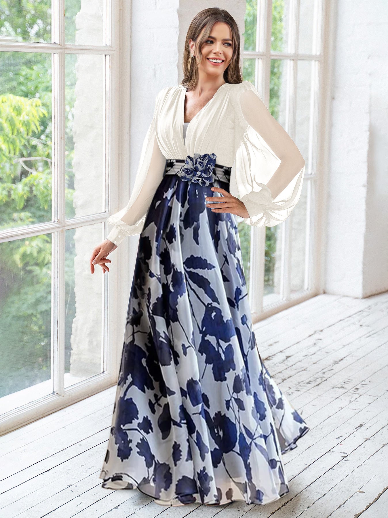 A Line/Princess V-Neck Long Sleeves Floor Length Floral Plus Size Mother of the Bride Dresses With Flower