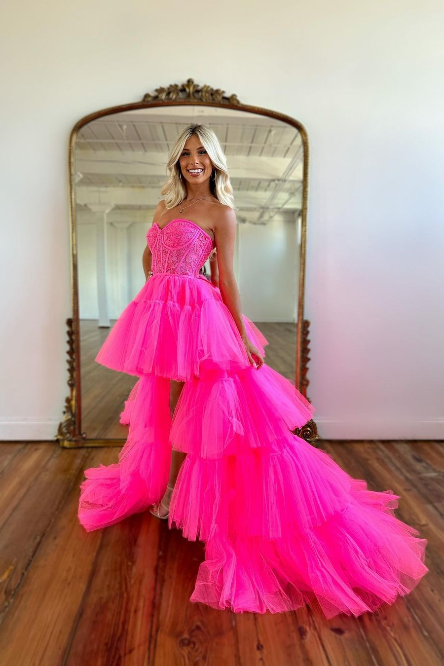 Beautiful Rose Prom Dress With Sleeveless Gown Tulle Train YL0113