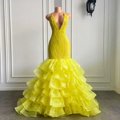 Bright Yellow V Neck Halter Mermaid lace Prom Dress With Ruffle PD0706