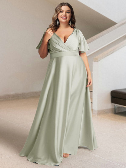 A-Line/Princess V-Neck Short Sleeves Silk Satin Plus Size Bridesmaid Dresses with Pockets