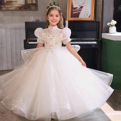 Short Sleeves A-Line/Princess High Neck Flower Girl Dresses with Crystal Appliques