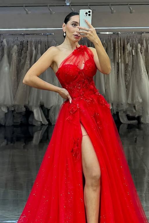 edgynewlook Glamorous Red Tulle One Shoulder Sleeveless Applique Prom Dress with Split