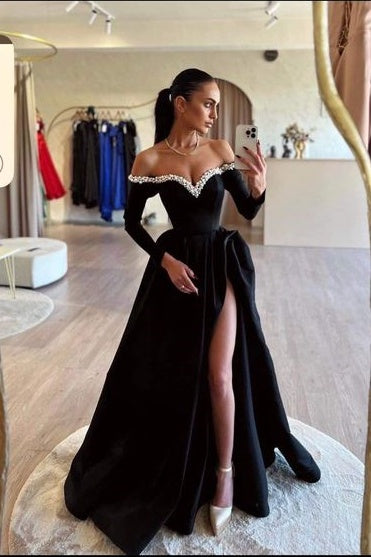 Black Prom Dress Long A Line Pleated High Slit YH0039