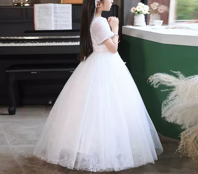 Ball Gown Square Neck Short Sleeves Flower Girl Dress with Rhinestone Appliques