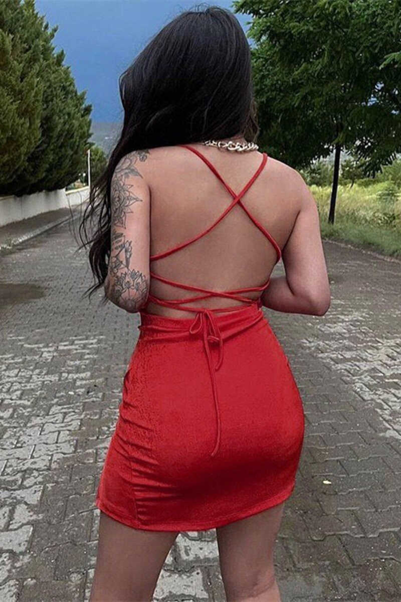 Red Cowl-Neck Lace-Up Bodycon Short Party Dress with Slit gh1310