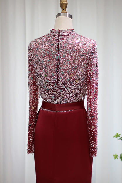 Edgynewlook Red Jewel Neck Mermaid Prom Dress Long Sleeves With Sparkle Sequins