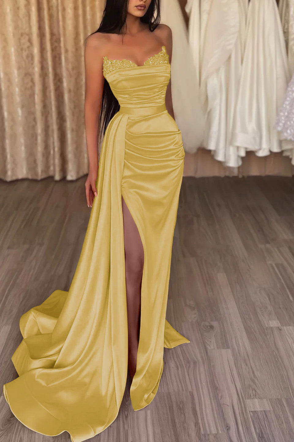 Orange Strapless Long Mermaid Prom Dress Split With Ruffles PD0857