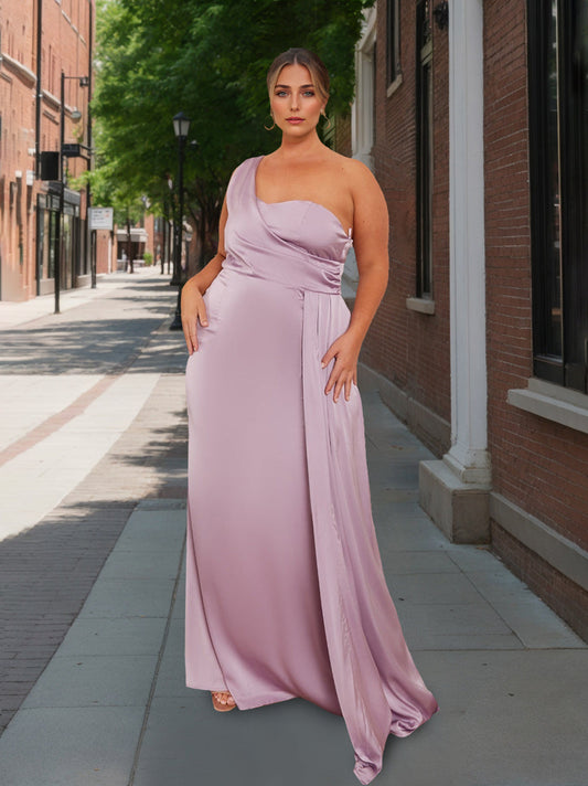 A-Line/Princess One-Shoulder Sleeveless Floor-Length Satin Plus Size Bridesmaid Dress With Watteau Train