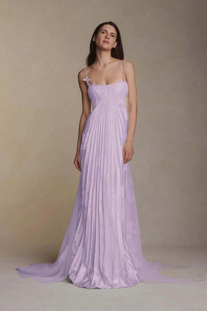 Stunning Spaghetti-Straps Pleated Sheath Appliques Prom Dress With Detachable Train XJ0176