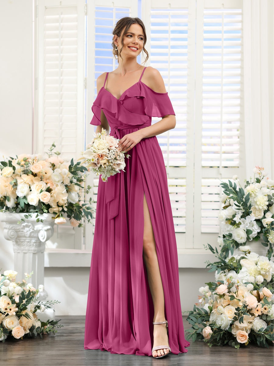 A-Line/Princess V-Neck Spaghetti Straps Floor-Length Bridesmaid Dresses with Pockets