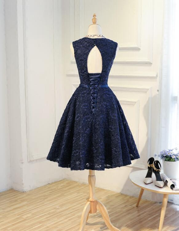 Navy Blue Lace Vintage Knee Length Bridesmaid Dress, Charming Lace Party Dress gh491