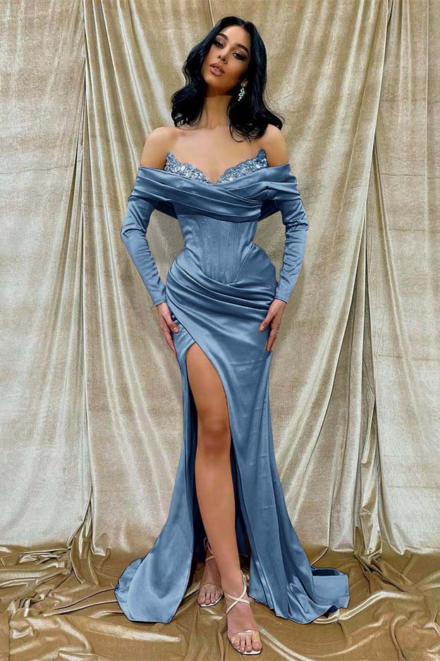 Off-The-Shoulder Long Sleeves Front Split Mermaid Prom Dress With Sequins PD0808