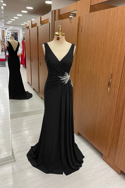 Gorgeous Dark Navy Straps V-Neck Pleated Prom Dress With Rhinestone ED0291