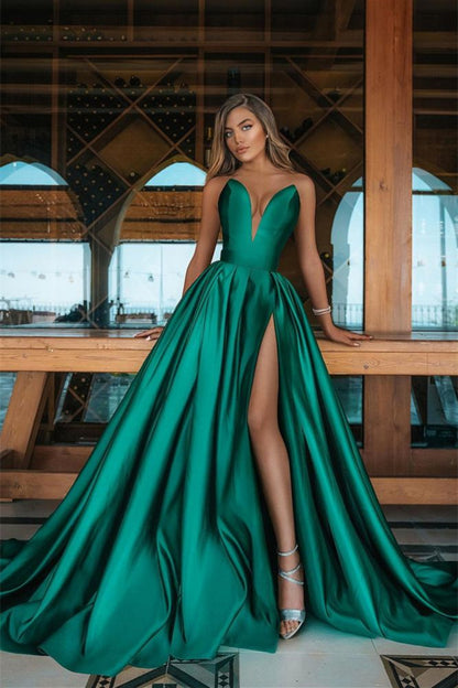 Emerald Green V-Neck Prom Dress Long With Split PD0652