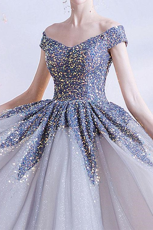 Edgynewlook Gorgeous Off-The-Shoulder Long Ball Grown Prom Dress With Sweetheart Sequins