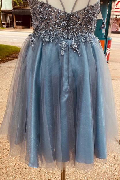 Stunning Blue Sequins Plunge Neck A-Line Short Homecoming Dress gh1408