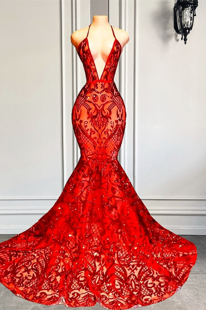 Red Halter Mermaid Prom Dress With Sequins Lace PD0788