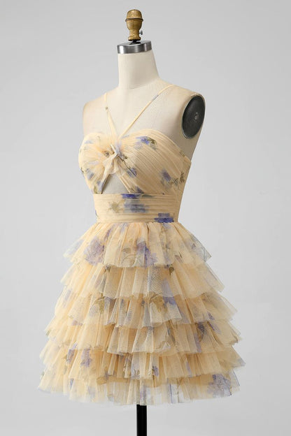 Yellow Print Keyhole Ruffle Tiered Short Homecoming Dress       fg5965