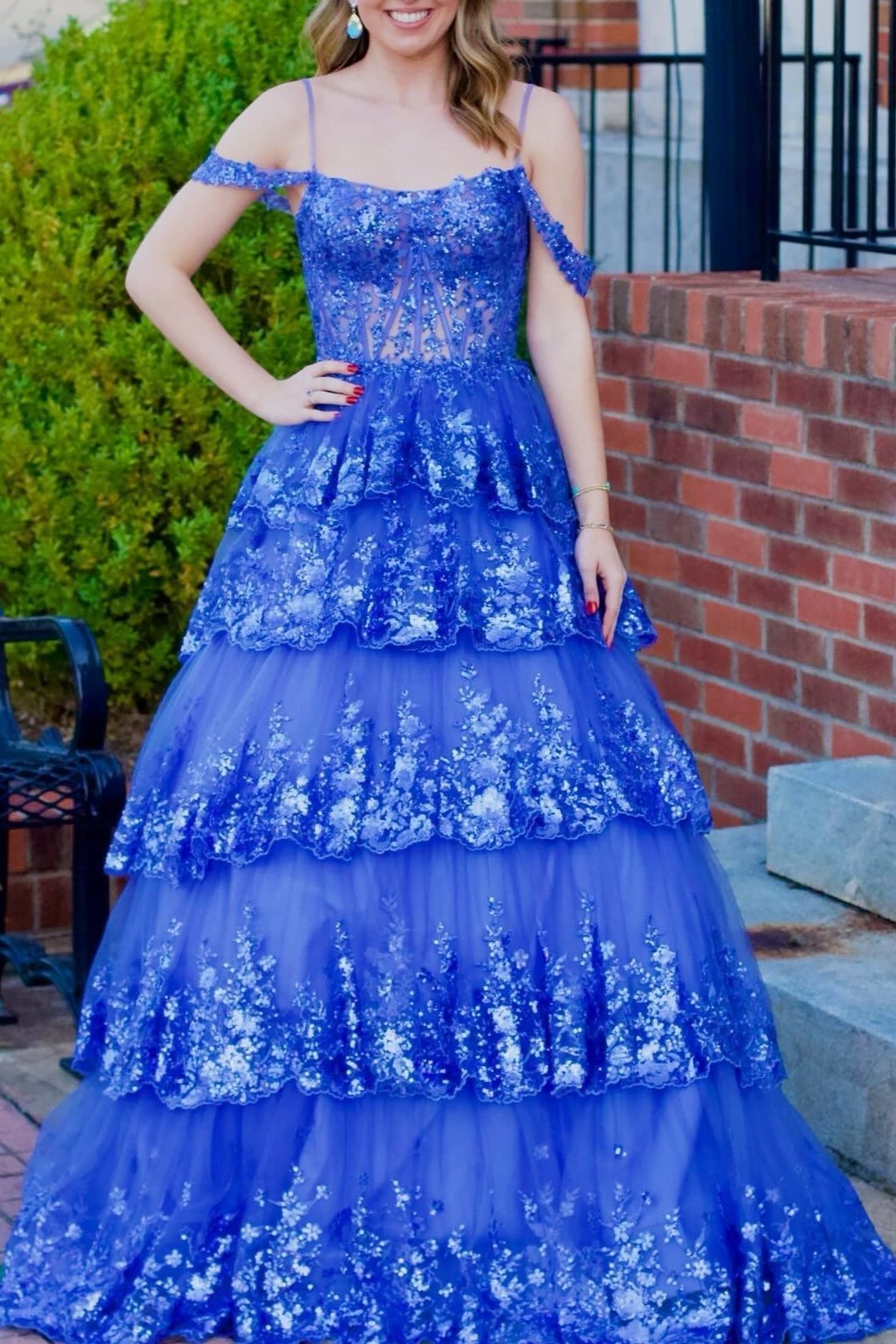 Maureen | Tulle Sequin Cold-Shoulder Ruffle Tiered Long Prom Dress