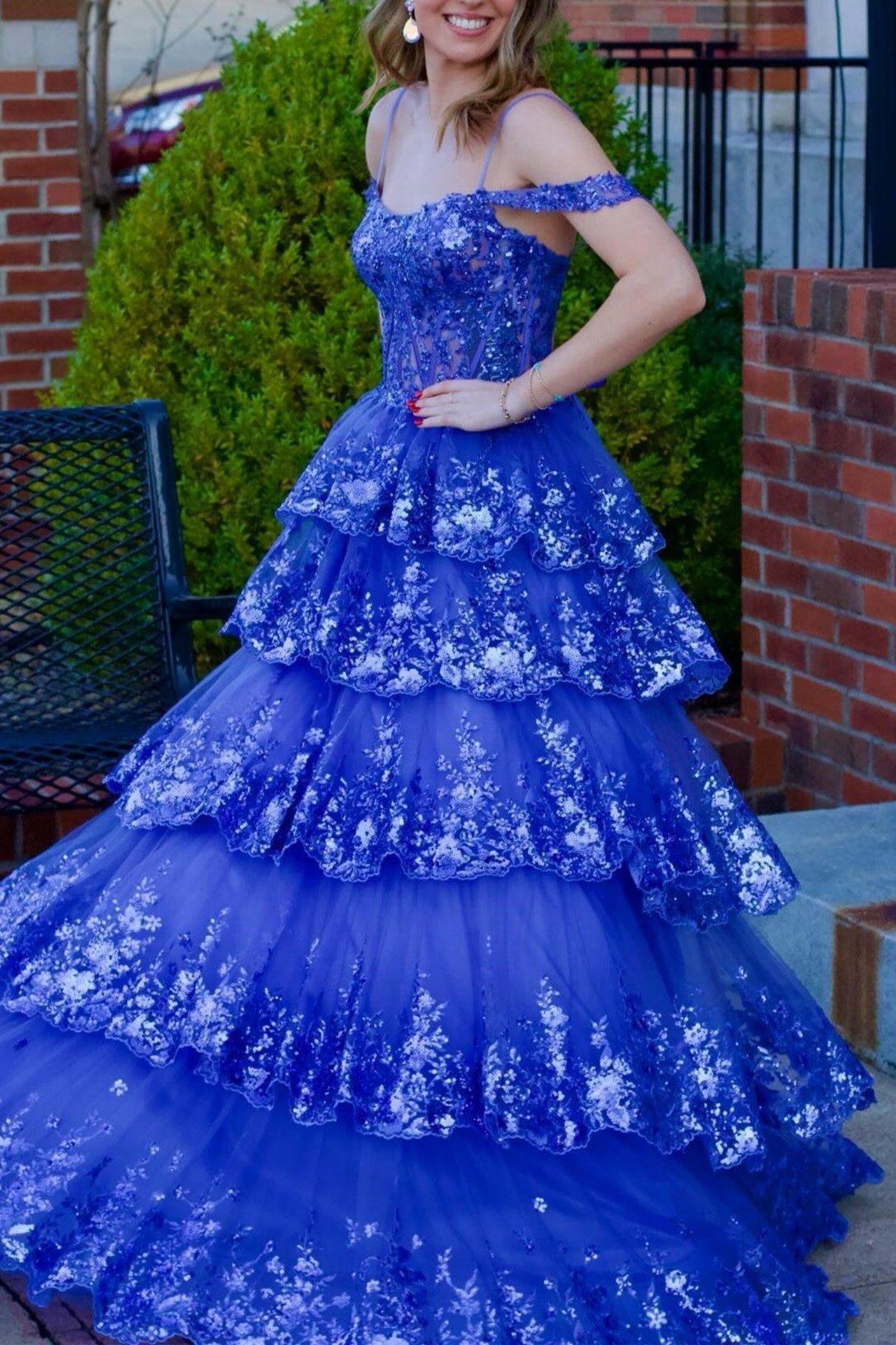 Maureen | Tulle Sequin Cold-Shoulder Ruffle Tiered Long Prom Dress