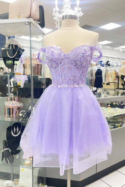 Off Shoulder Lavender Appliques Homecoming Dress Tulle Short Party Dress      fg5925