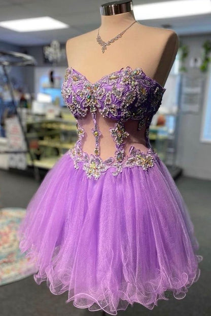 Elegant Strapless Lilac Beaded Short Homecoming Dress     fg5673