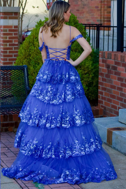 Maureen | Tulle Sequin Cold-Shoulder Ruffle Tiered Long Prom Dress