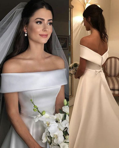 Simple Elegant Off the Shoulder A Line Wedding Dresses Satin Beach Garden Wedding Dresses Bridal Gowns      fg5709