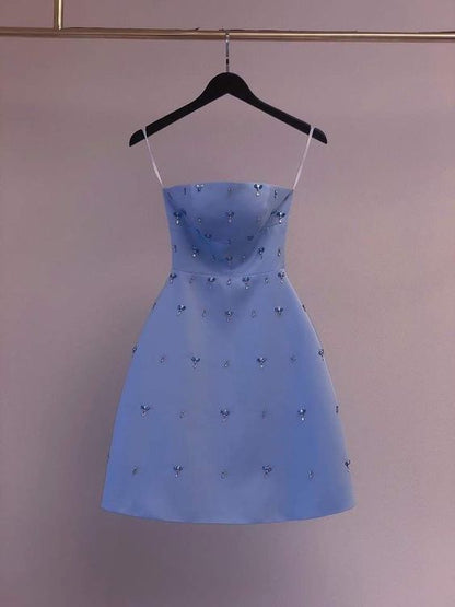 chic a-line blue satin homecoming dress 18th birthday outfits     fg5886