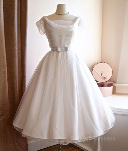 Round-Neck White Tulle Short Retro Prom Dresses, Retro Wedding Dresses       fg5628