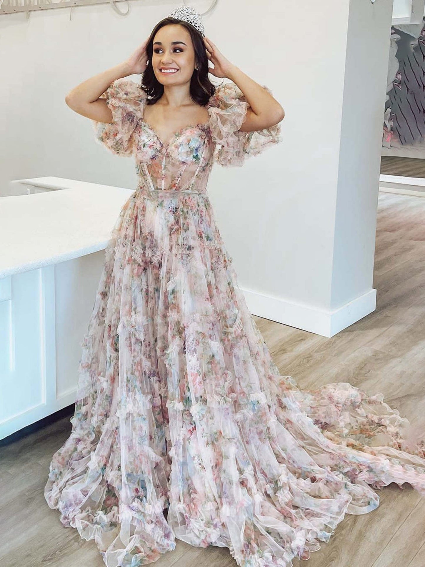 Sydney |A Line Off The Shoulder Floral Tulle Prom Dress