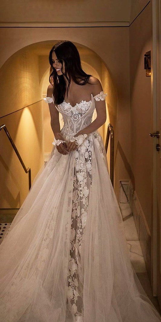 off the shoulder sweetheart applique lace long sleeves long wedding dress     fg7502