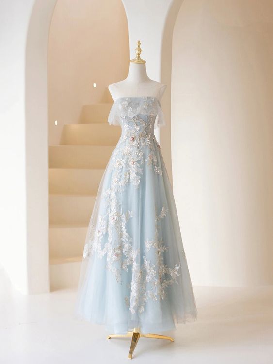 Light Blue Prom Dresses Fairy,Long Blue Tulle Floral Appliques Formal Dresses       fg5691