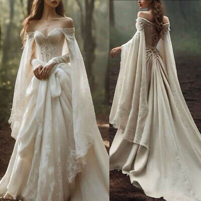 Vintage Off The Shoulder Wedding Dress with Cape Lace Up Lace Applique Bridal Dress   fg7469