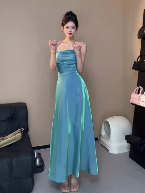 Spaghetti Straps Blue Sheath Long Prom Dresses Homecoming Dress      fg6074